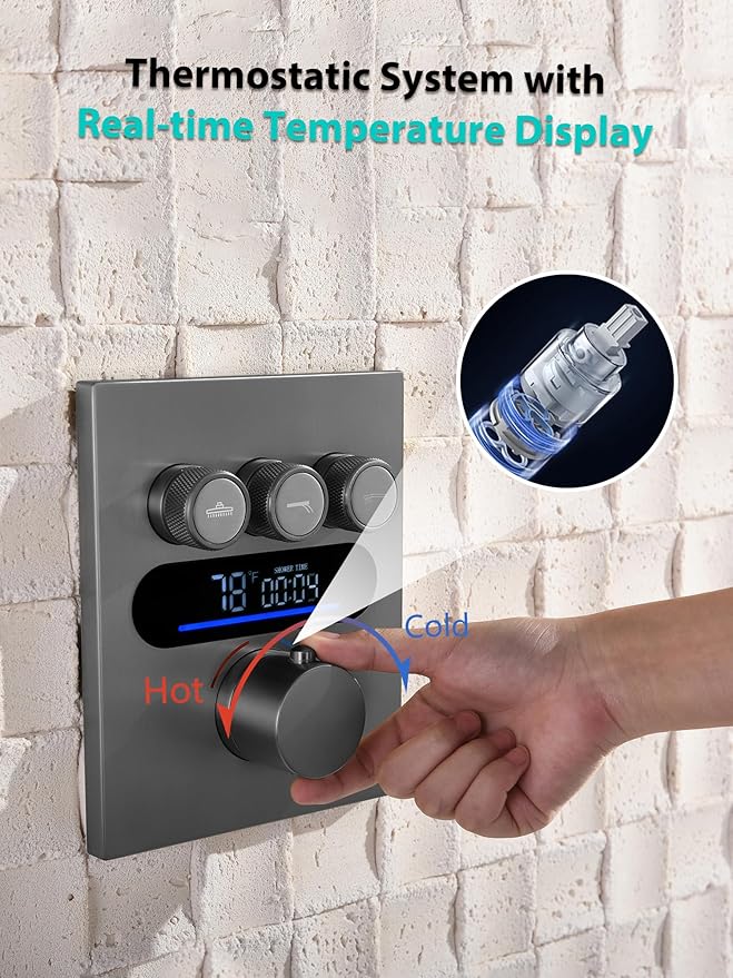 Lefton Shower System in Fahrenheit Display (Battery-free), 13” Overhead Round Rainfall Shower Head with All-in-one Handheld Spray Showerhead, 4-in-1 Control System, SSWM2501 (Grey)