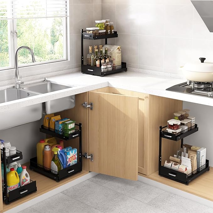 Under Sink Organizer,2 Tier Slide Out Kitchen Cabinet Organizers with Pulley,Under Bathroom Sink Pull Out Organizer with Multiple Height Adjustments for Kitchen and Bathroom Cabinets-Black