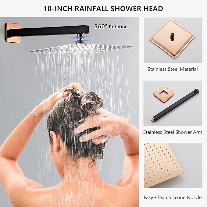 Shower Faucet Set, Matte Black and Rose Gold Rainfall Shower System Complete Wall Mounted for Bathroom with 10 Inch Square Shower Head and Handheld Shower Head Rain Mixer Combo Set