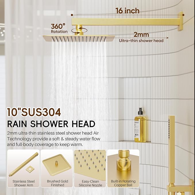Gold Shower System, Shower Faucet Set with 10" Rain Showerhead and Handheld Combo Spray, Bathroom Wall Mounted High Pressure Shower Combo Set Included Valve and Trim, Brushed Gold