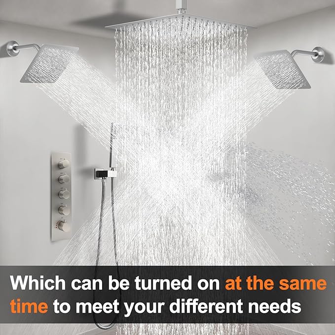 Thermostatic Shower System Three Shower Heads with 16" Ceiling Mounted Rain Shower Head & 2 x 6" Wall Mounted Head 4 Function Shower System Can All Run Together, Brushed Nickel