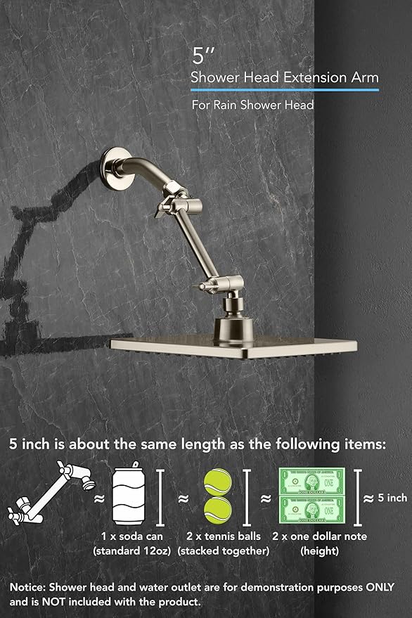 5 Inch Adjustable Shower Head Extension Arm With Locking Set Screw, Singing Rain Brass Nickel Brushed Angle Height Adjustable, Easy To Install, G1/2 Universal Connector Compatible (Nickel Brushed)