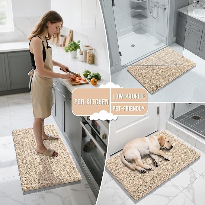 Yimobra Bathroom Rugs Sets 2 Piece - Quick Dry Extra Thick Luxury Chenille Bath Mat, Non Slip Super Absorbent for Tub Shower Sink, Machine Washable Shaggy Floor Mat, 24"x17+24"x20" Inch, Light Brown