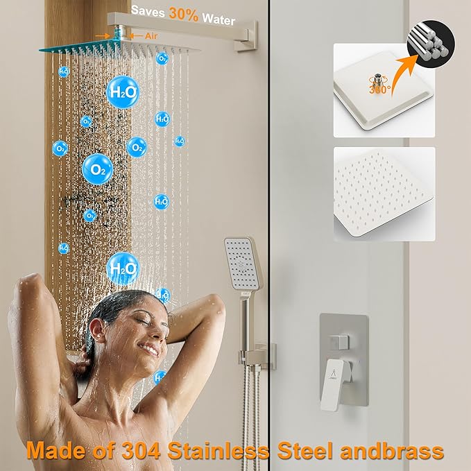 Shower System 10IN Modern Rain Brass Faucet Set With Valve and Diverter Shower Mixer With Handheld High Pressure Square Rainfall Shower Valve (10'' Wall Mount, Brushed Nickel)