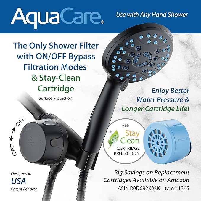 AquaCare Skin & Hair - World's Only Handheld Shower Head Filter with Built-in Hand Shower Bracket, ON/OFF Filtration Modes, Instant Cartridge Reload & Stay-Clean American KDF Cartridge, Matte Black