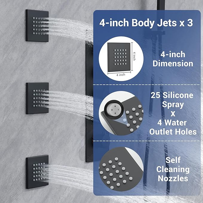 Matte Black Thermostatic Shower System with Body Jets, Ceiling 16” Rainfall Shower & Wall Mount 6-Inch Shower Head Luxury Shower Faucet Set with Handheld Spray, Dual Shower Heads Set