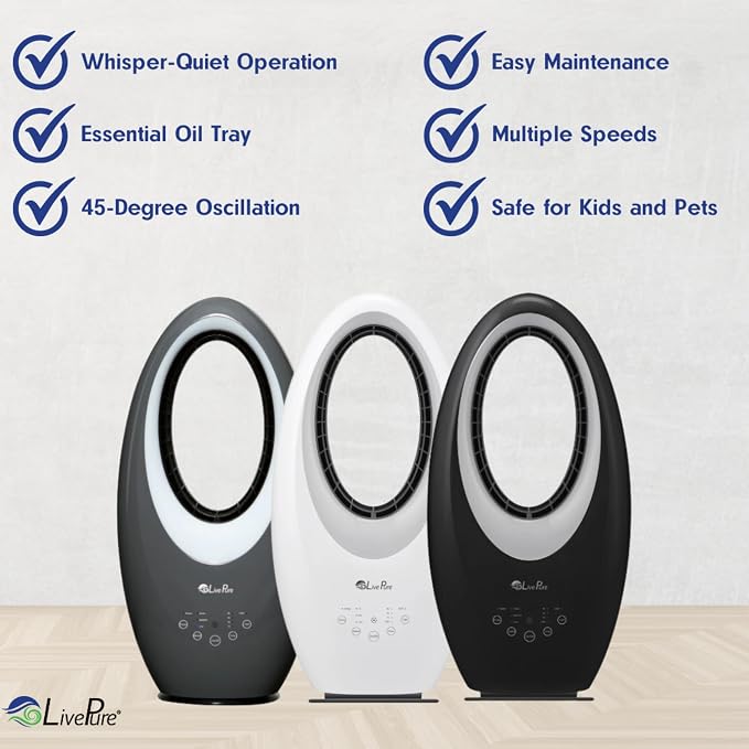 LivePure Bladeless Oscillating Fan w/Filter and Aroma Tray. 3-Speed Adjustment - Image 3