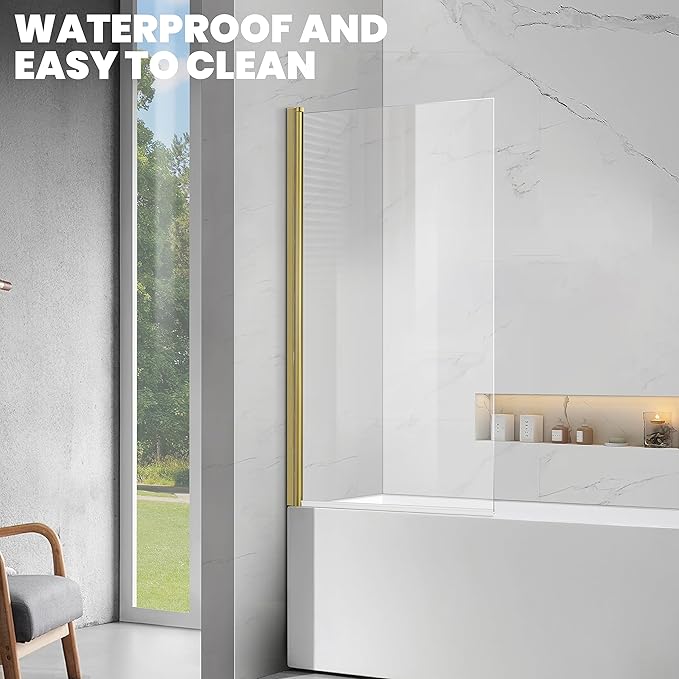 Frameless Tub Shower Door, Clear Tempered Glass Bathroom Shower Door 30" W*55" H, Hinged Foldable Bathtub Screen with Brushed Gold Wall Profile Support