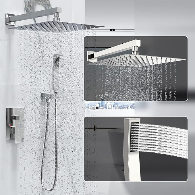 Rain Shower System 12 Inches Shower Head with Handheld Combo Set for Bathroom,High Pressure Rainfall Shower Faucet Set Wall Mounted,Rough-in Valve and Trim Kit(Chrome Polished)