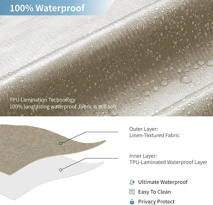 2-in-1 Waterproof Extra Long Fabric Shower Curtain or Liner,Linen Textured,84 Inch Breathable TPU & Washable Bathroom Shower Curtain Set with 12 Plastic Hooks,Modern,72"x84" Khaki