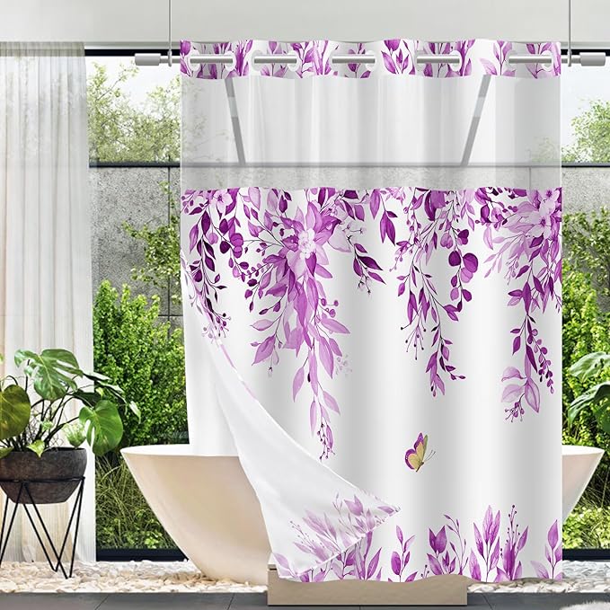No Hook Shower Curtain and Liner Set, Purple Eucalyptus Floral Shower Curtains for Bathroom, Bath Curtain Sets with Snap in Liner, Waterproof with See Through Top Window, 71x77 Inches