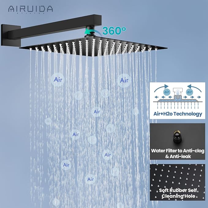 Airuida Shower Faucet Set Bathroom Rain Shower System SUS304 Stainless Steel Single Handle With Male Threads Rough-in Valve Shower Trim Kit 10 Inch Wall Mount Shower Head Matte Black