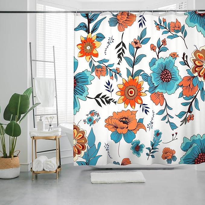Bohemian Shower Curtain, Boho Floral Print Water Repellent Polyester Fabric for Bathroom Decor, 72×72 Inch Standard Size with 12 Hooks, Also as Room Divider