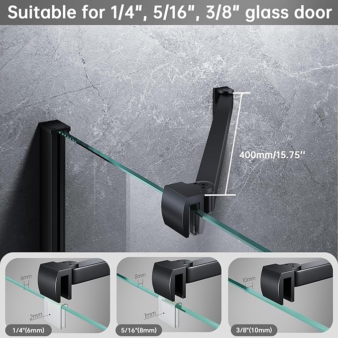Frameless Shower Door Support Bar, Stainless Steel Wall-to-Glass Support Arm to Fixed Shower Glass Panel, for 1/4"-3/8" (6-10 mm) Door, 180° Pivot & Stow-Flat Mode (Matte Black, 15.8-inch(400mm))