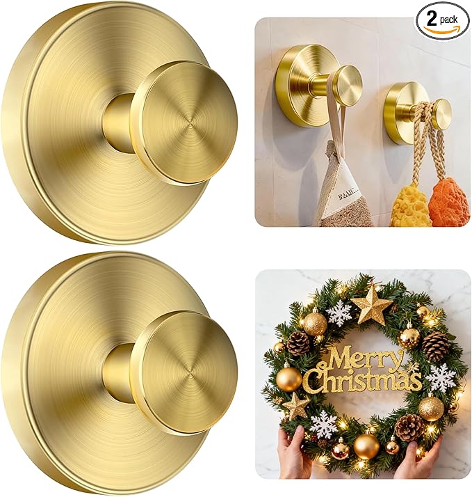 luckin smile Suction Cup Hooks for Shower, No-Drill Removable Towel Hook for Bathrooms, Shower Hooks, Suitable for Bathrooms, Kitchens, Windows, Glass, Powerful Suction Cup Hook (2, Gold)