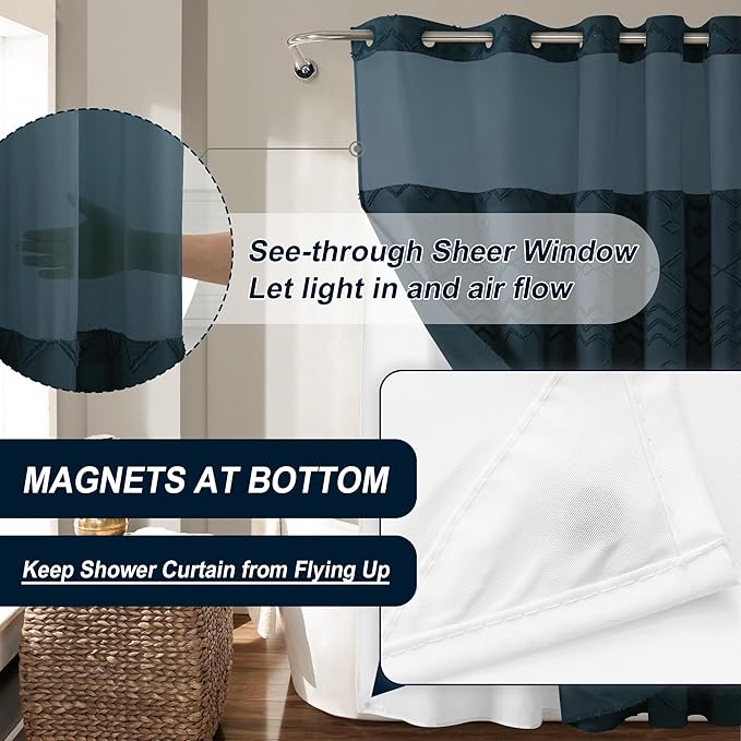 No Hooks Shower Curtain with Snap-in Liner, Navy Boho Tufted Chevron Striped Textured Shower Curtains for Bathroom, Water Repellent Luxury Shower Curtain, 72Wx74H
