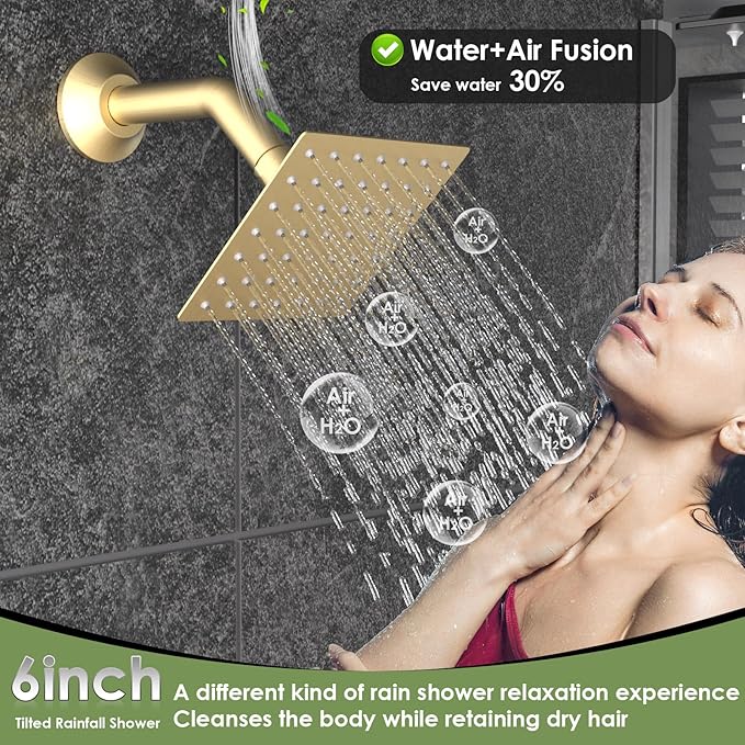 Enga Dual Shower Head Shower System with Body Jets, 12" Ceiling Mounted Rain Shower Head & 6" Wall Mounted Head Full Body Rainfall Shower Faucet with Valve Kit, Brushed Gold