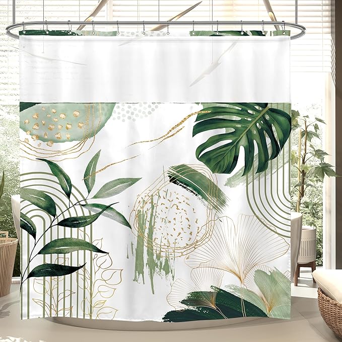 Sage Green Boho Shower Curtain 72Wx72H with Snap in Liner Mid Century Modern Abstract Gold Olive Tropical Palm Leaf Bathroom Decor Simple Geometric Bath Curtain Fabric Polyester 12 Pack Hooks
