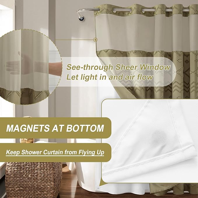 No Hooks Shower Curtain with Snap-in Liner, Taupe Boho Fabric Tufted Chevron Striped Textured Shower Curtains for Bathroom, Water Repellent Hotel Quality Luxury Shower Curtain, 72Wx74H