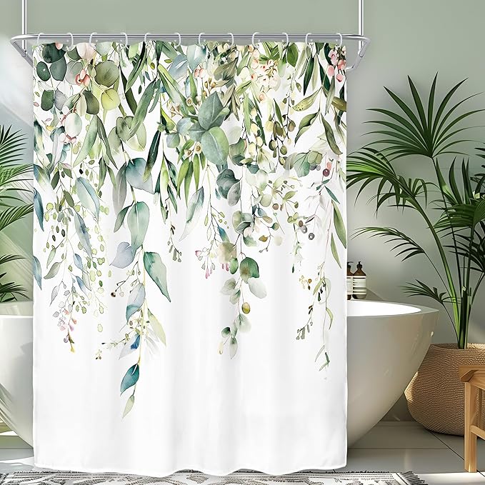 Riyidecor Small Green Eucalyptus Leaves Shower Curtain for Bathroom Decor 54Wx78H Single Standing Plants Watercolor Floral Rustic Botanical Art Printed Fabric Polyester Waterproof 12 Pack Plastic