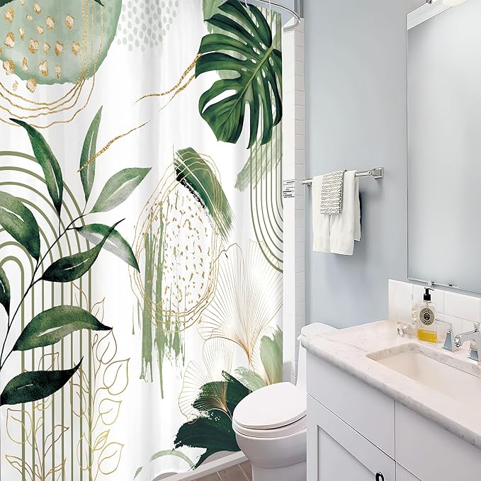Sage Green Boho Shower Curtain 48Wx72H Small Stall Narrow Modern Abstract Mid Century Bohemian Tropical Palm Leaves Geometric Bathroom Decor Botanical Bath Curtain Fabric Polyester 8 Pack Hooks