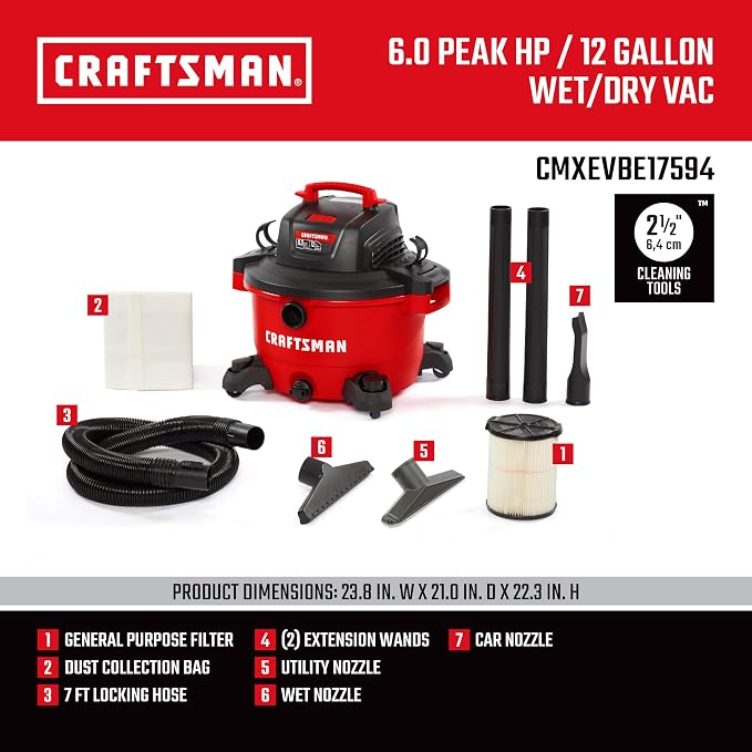 CRAFTSMAN CMXEVBE17594 12 Gallon 6.0 Peak HP Wet Dry Vac, Portable Shop Vacuum - Image 3