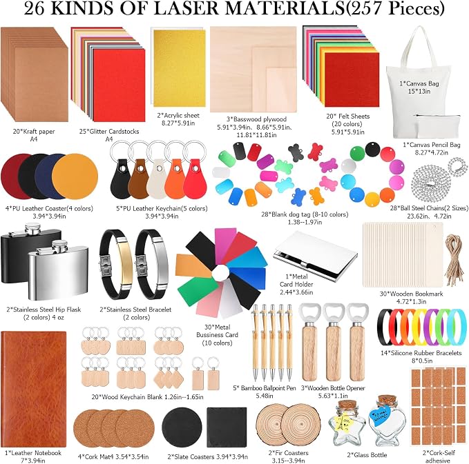 Dunzoom 257 Pcs Laser Material Kit Laser Engraving Materials Including Acrylic - Image 2