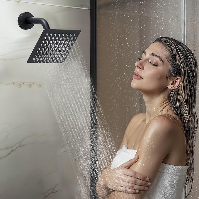 VEVOR Shower Faucet Set, 10 Inch Ceiling Mount Rainfall Shower System with 6 Inch Wall Mount Head and 2 in 1 Handheld Spray, Rotatable 3-Function Dual Rain Head Brass Valve and Trim Kit, Matte Black