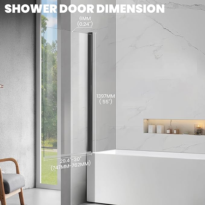 Frameless Tub Shower Door, Clear Tempered Glass Bathroom Shower Door 30" W*55" H, Hinged Foldable Bathtub Screen with Matte Black Wall Profile Support