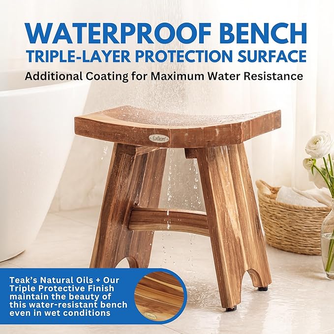 EcoDecors Teak Shower Bench 18", 300 lb Capacity – Waterproof Wood Bath Seat for Adults - Compact Spa Stool for Small Bathrooms & Walk-in Showers with Slip-Resistant Feet