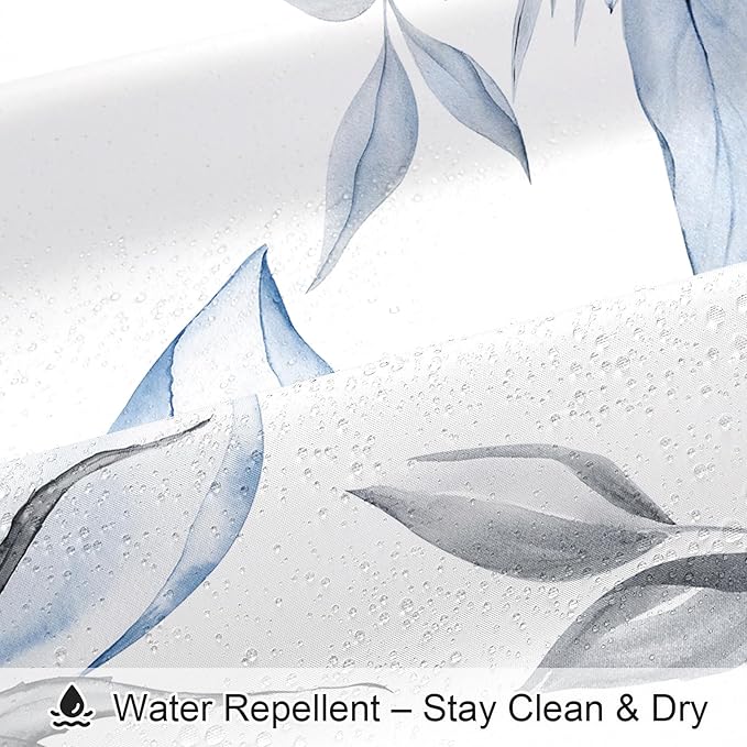 Blue and Grey Boho Watercolor Floral Shower Curtain, Ink Painting Style Blossom & Leaf Shower Curtains for Chic Elegant Bathroom, Artistic Fabric Cloth Flower Shower Curtain, 72x72