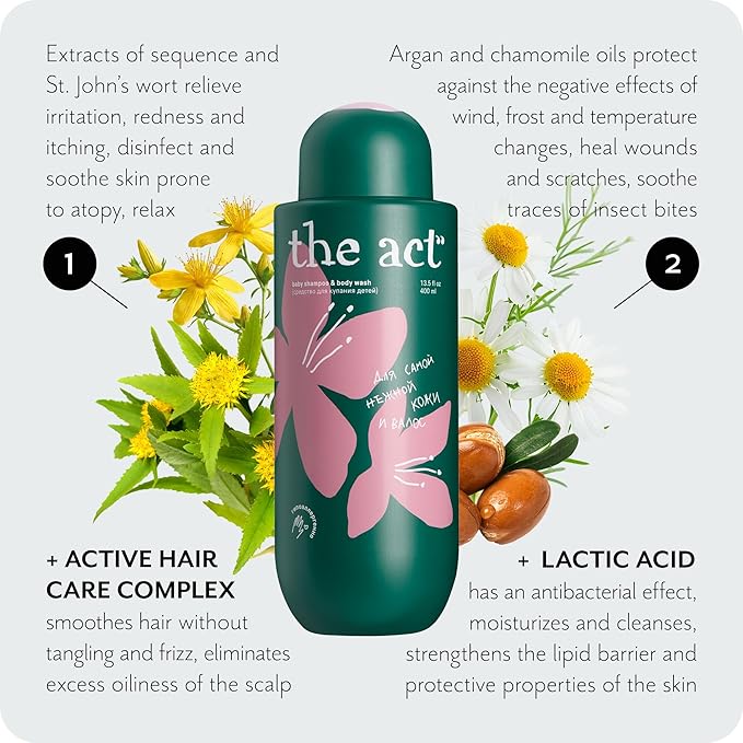 The Act Organic Baby Shampoo and Body Wash with Chamomile - Hypoallergenic, Natural Oils, Tear-Free, for Sensitive Skin and Fine Hair, for Kids 3+, Sulfate-, Paraben-, Phthalate-, Dye-Free,13.5 Fl Oz