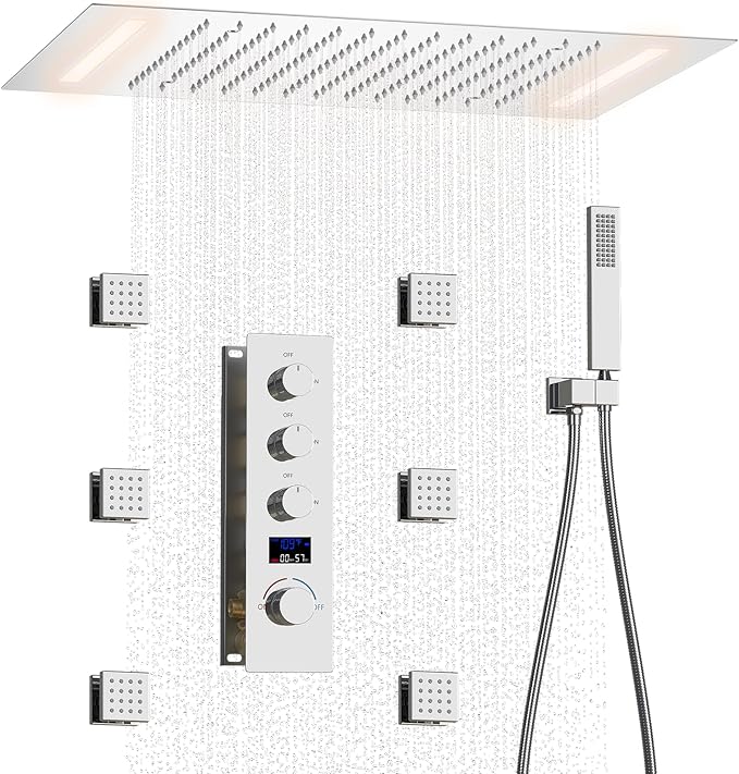 Shower System Polished Chrome Shower Faucet Set with 14X20 inch Shower Head, 6 PCS Body Jet and Handheld Shower, with Digital Temperature Display Function