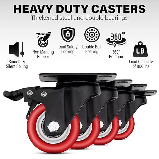 2 Inch Heavy Duty Casters Set of 4, Lockable Plate Caster Wheels - Image 3