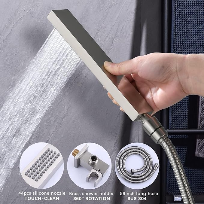 Digital Display Shower Fixtures Brushed Nickel Shower System with 12 inch Ceiling Mounted Shower Head and 2 Wall Mounted Shower Head(8 inch), Handheld Shower