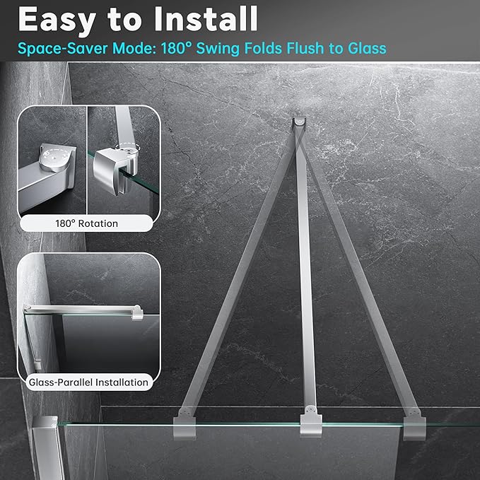 Frameless Shower Door Support Bar, Stainless Steel Wall-to-Glass Support Arm to Fixed Shower Glass Panel, for 1/4"-3/8" (6-10 mm) Door, 180° Pivot & Stow-Flat Mode (Brushed Nickel, 51.2-inch(1300mm))