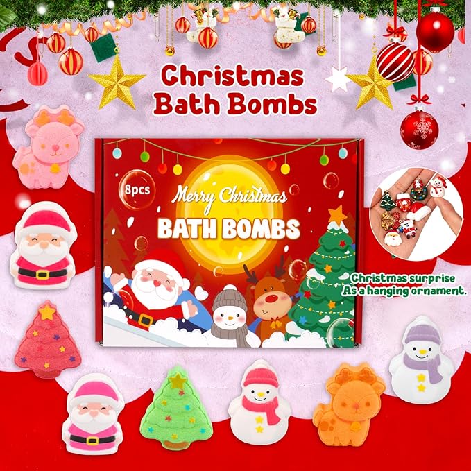 Christmas Bath Bombs for Kids, 6PCS Kids Bath Bombs with Surprise Santa, Elk, Snowman Tree Organic Essential Oil Bubble Bubble Bath Christmas Birthday Gift, Stocking Stuffers
