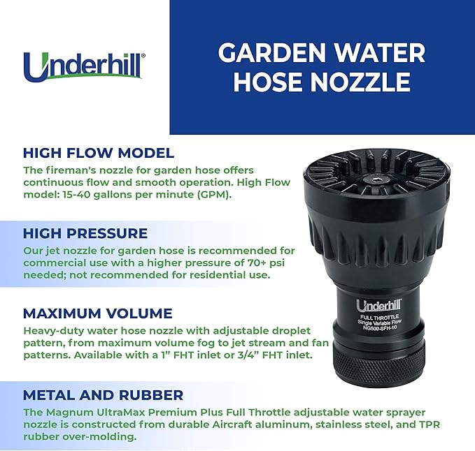Underhill Garden Water Hose Nozzle Sprayer Jet Attachment, Heavy-Duty Metal and Rubber, Adjustable, Magnum UltraMax Premium Plus Series 3/4" High Flow Full Throttle, NG500-SFH-75