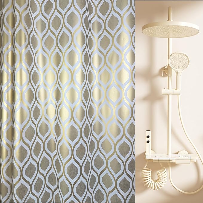 Plastic Shower Curtain Liner, Gold Striped Pattern, Waterproof Printed PEVA Shower Curtain with Design, Rustproof Grommets, Standard Size 70x72 Bathtub Curtain for Bathroom (Pack of 1)