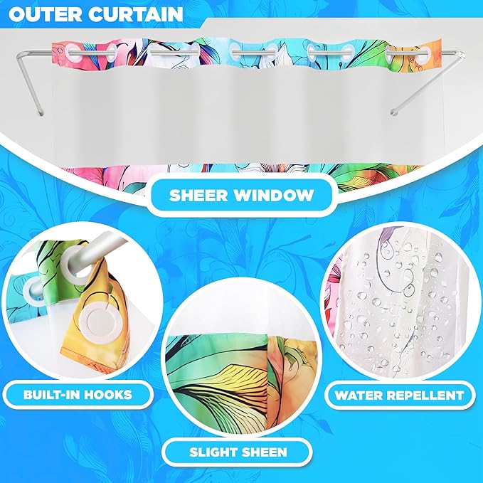Hookless Boho Floral Shower Curtain with Snap-in Liner Set, Vibrant Watercolor Fabric, See Through Sheer Window, Washable, 3 Magnet Weights, No Hook, Waterproof, Farmhouse - Standard Size