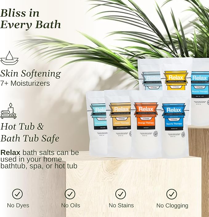 Relax Spa & Bath, Epsom & Dead Sea Salts, Aromatherapy Bath Salts for Hot Tub, Bath, or Spa, Infused with Magnesium, Muscle Recovery & Sports Therapy, 7 Pack, Relax RX Collection, 4 oz Each