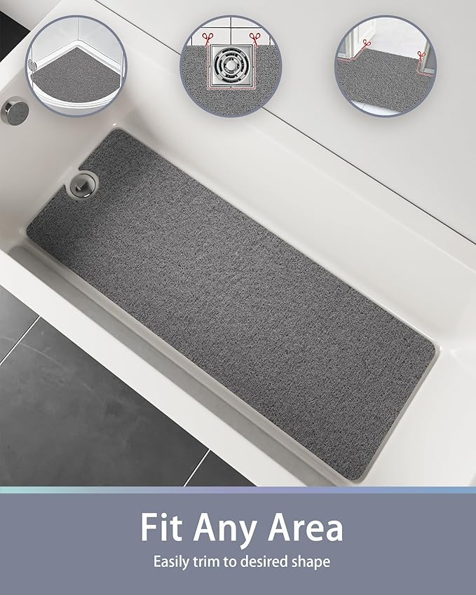 Mecko Non-Slip Shower Mat, Anti-Slip Bath Mat with Foot Scrubber – Quick-Drying Loofah Texture for Indoor and Outdoor Use, Bathtubs and Wet Areas (Grey, 17"x47")