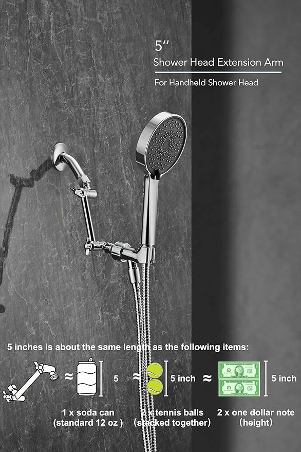 5 Inch Adjustable Shower Head Extension Arm, With Locking Set Screw, Singing Rain Brass Chrome Angle Height Adjustable, Easy To Install, G1/2 Universal Connector Compatible (Chrome Finish)