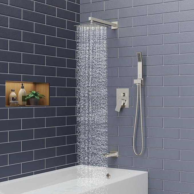 SR SUN RISE 8 Inches All Metal Square Shower System with Tub Spout, Tub Shower Faucet Set, High Pressure Rain Shower Head and Handheld Sprayer Shower Fixtues, Valve Included, Brushed Nickel