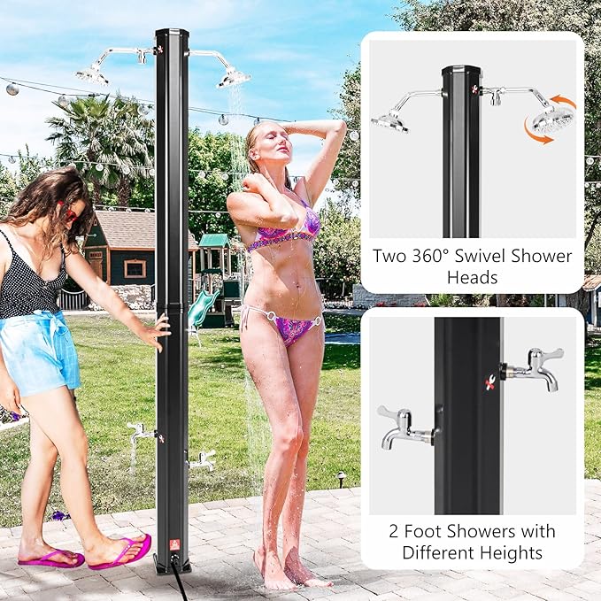 Goplus 9.3 Gallon Solar Heated Outdoor Shower, 7.2 FT Freestanding Garden Shower with Dual Swivel Shower Heads & 2 Foot Showers, Adjustable Temperature,for Poolside Backyard Beach