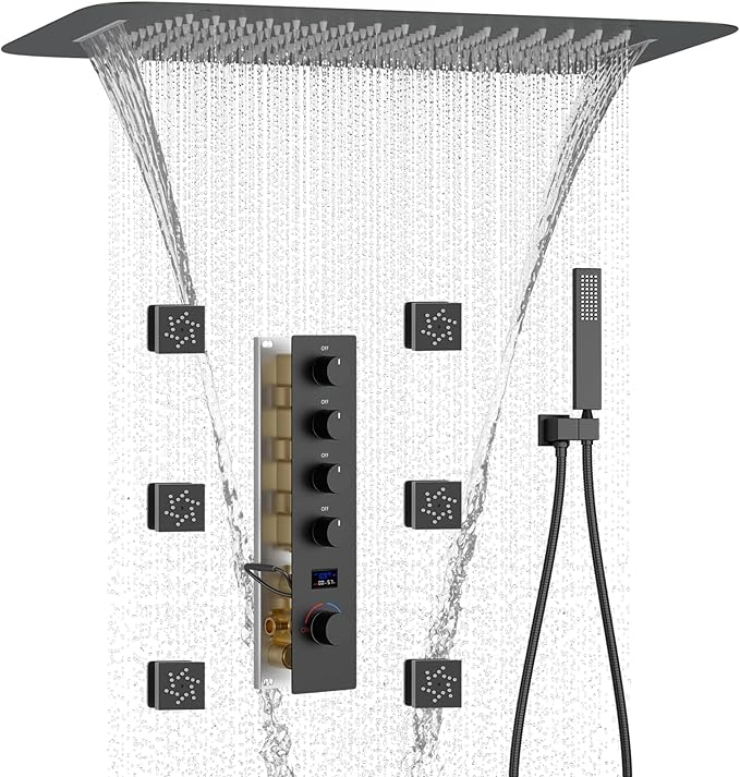Matte Black Digital Display Shower System with 16X24 inch Ceiling Mounted Shower Head(Rain&Waterfall Modes), with Handheld Spray and 6 PCS Dual Modes Body Jet