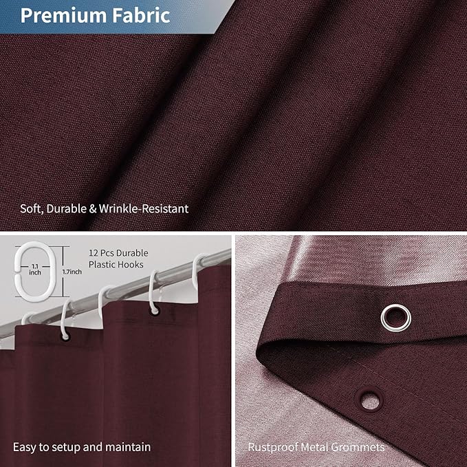 2-in-1 Waterproof Fabric Shower Curtain or Liner,Linen Textured,Breathable TPU & Washable Bathroom Shower Curtain Set with 12 Plastic Hooks,Modern,72"x72" Burgundy