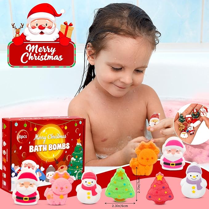 Christmas Bath Bombs for Kids, 6PCS Kids Bath Bombs with Surprise Santa, Elk, Snowman Tree Organic Essential Oil Bubble Bubble Bath Christmas Birthday Gift, Stocking Stuffers