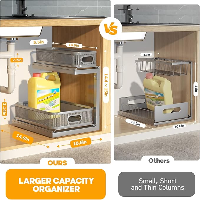 1-Pack Under Sink Storage Organizer with 2-Tier Slide Out Drawer, Sophisticated Mesh Pull Out Shelf for Kitchen & Bathroom, Fits Small Items, Upgraded Arched Track for Smooth Gliding-Gun Gray