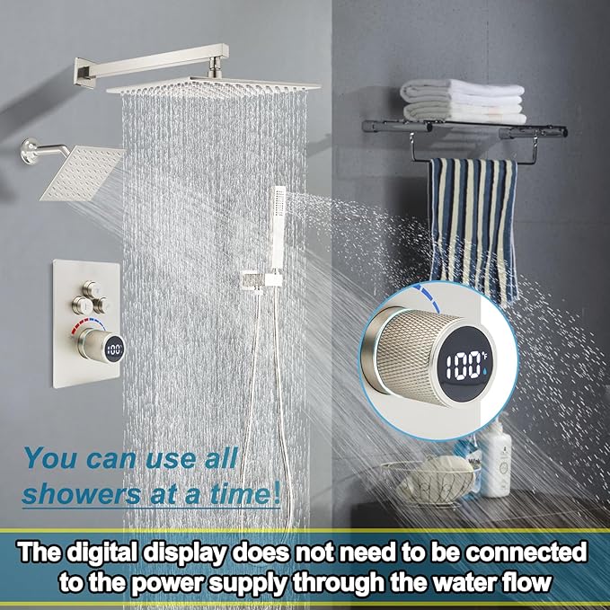 Digital Display Dual Head Shower system Rain Shower System Shower Wall Mount 10 Inch Ceiling Shower Head with 6 Inch Shower Head with shower handheld(Brushed Nickel)
